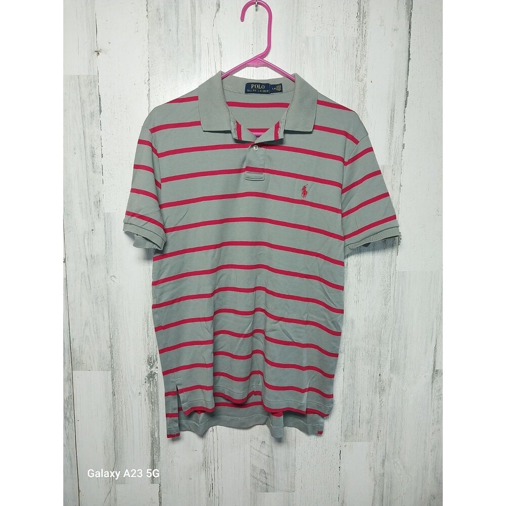 Polo Ralph Lauren Soft Touch Striped Short Sleeve Polo Shirt Grey w/ Red Large